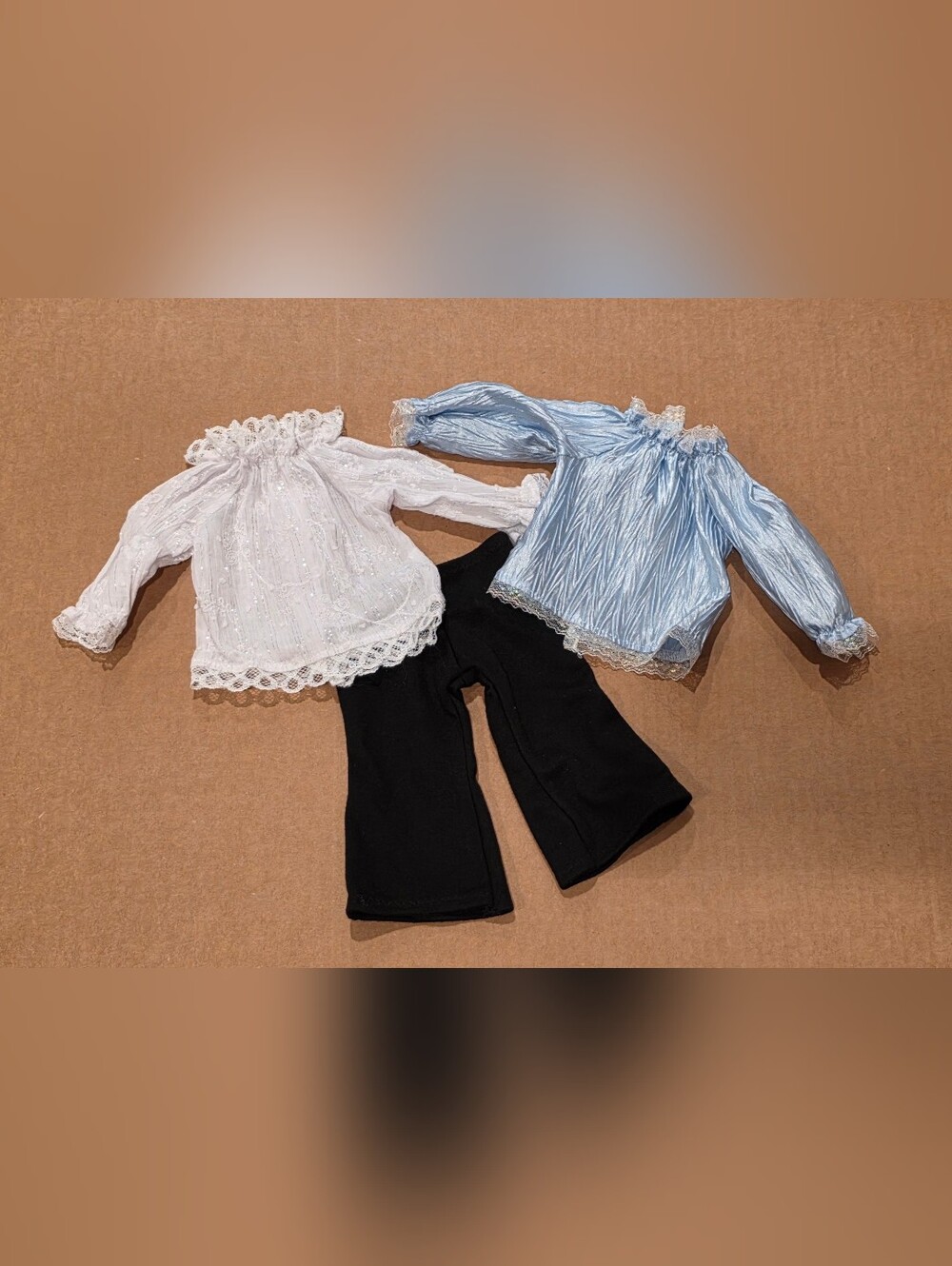 Doll Tops and Black Pants Outfit Set - For 18-inch doll. White & Light Blue